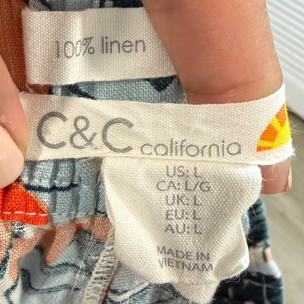 C&C California 100% Linen Floral Wide Leg High Waist Pull On Pants Sz L‎ Boho - Picture 5 of 7